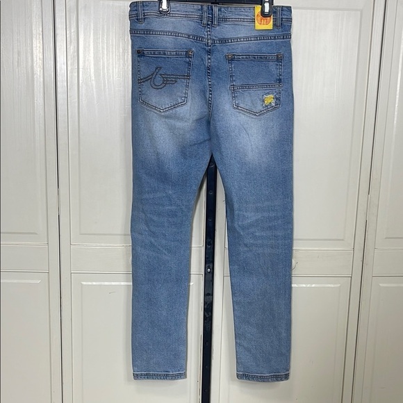 Born Fly Men’s Yellow and Red Art Patchwork Slim Straight Jeans Sz 34 - Picture 3 of 10